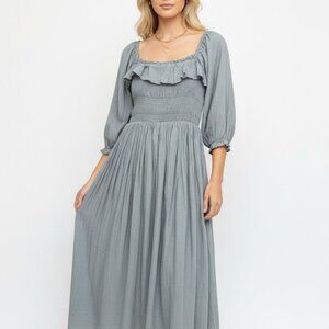 Free People Smocked Off Shoulder Midi Dress Small Sage Green Ruffle